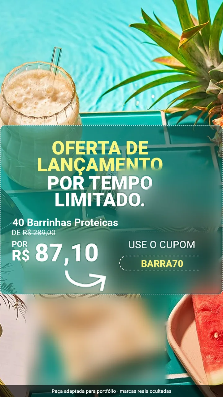 Anúncio de 40 barrinhas proteicas, “Oferta de lançamento por tempo limitado”, de R$ 289,00 por R$ 87,10 com o cupom BARRA70; embalagens desfocadas