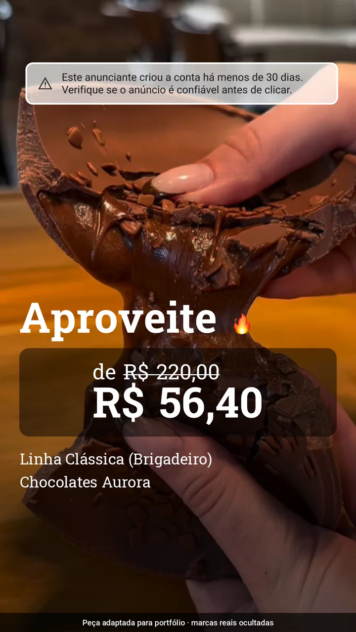 Anúncio de chocolate da marca fictícia Chocolates Aurora, de R$ 220,00 por R$ 56,40, com o alerta de conta criada há menos de 30 dias no topo