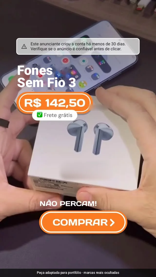 Anúncio de fones sem fio por R$ 142,50, “Não percam!”, com o alerta de conta criada há menos de 30 dias no topo; marca da caixa desfocada
