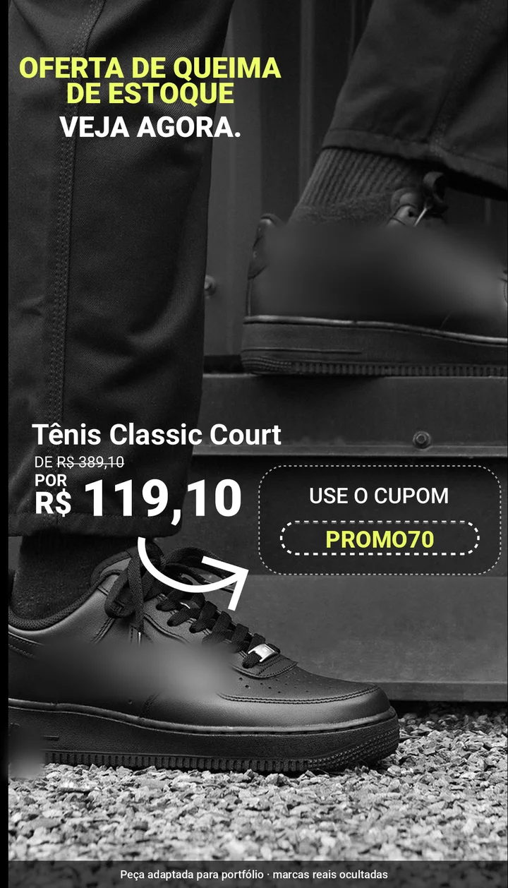 Anúncio de tênis preto, “Oferta de queima de estoque”, de R$ 389,10 por R$ 119,10 com o cupom PROMO70; logotipos desfocados