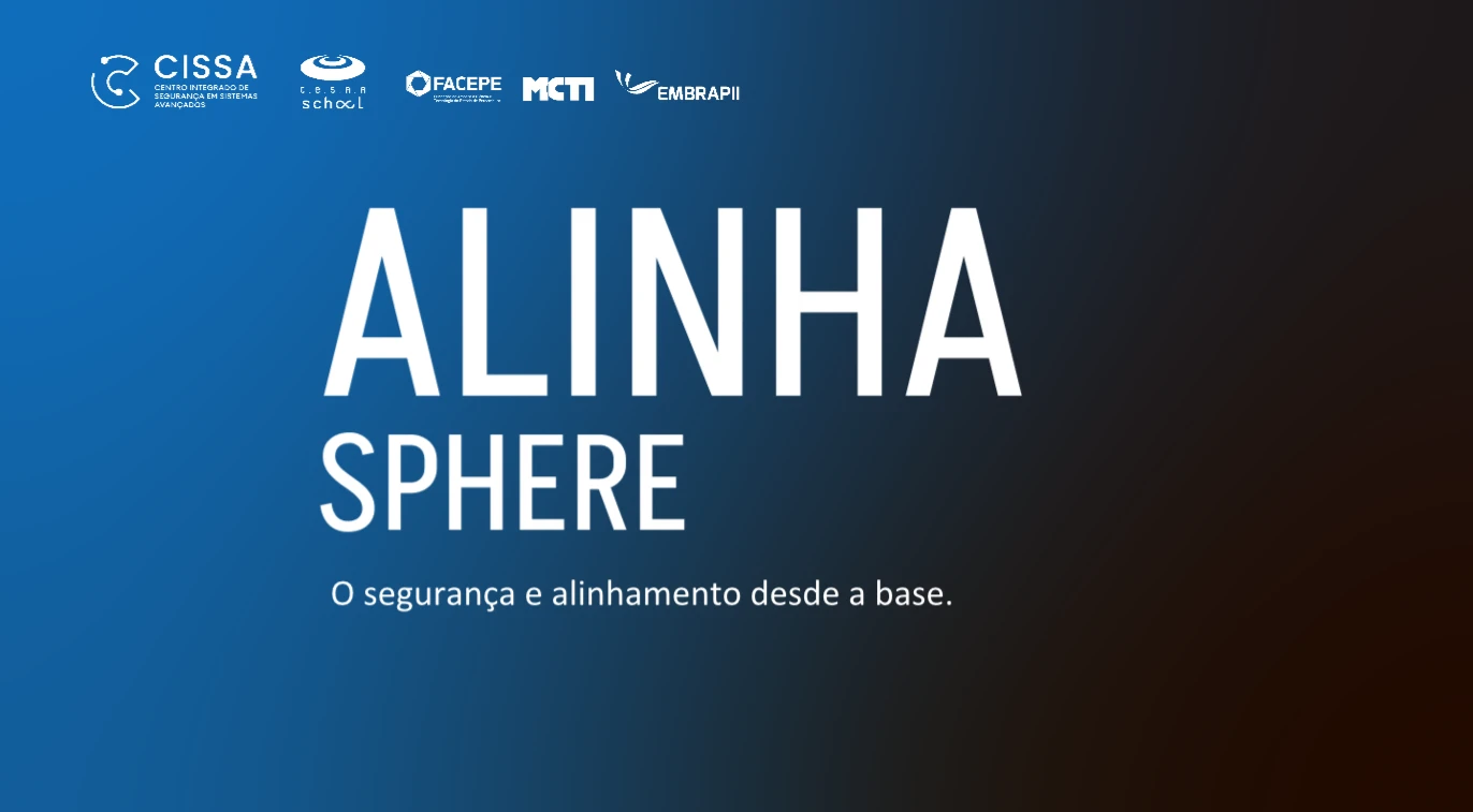 Capa da apresentação: logotipo ALINHA Sphere em branco sobre degradê azul e preto, com o slogan e os logos de CISSA, CESAR School, FACEPE, MCTI e EMBRAPII