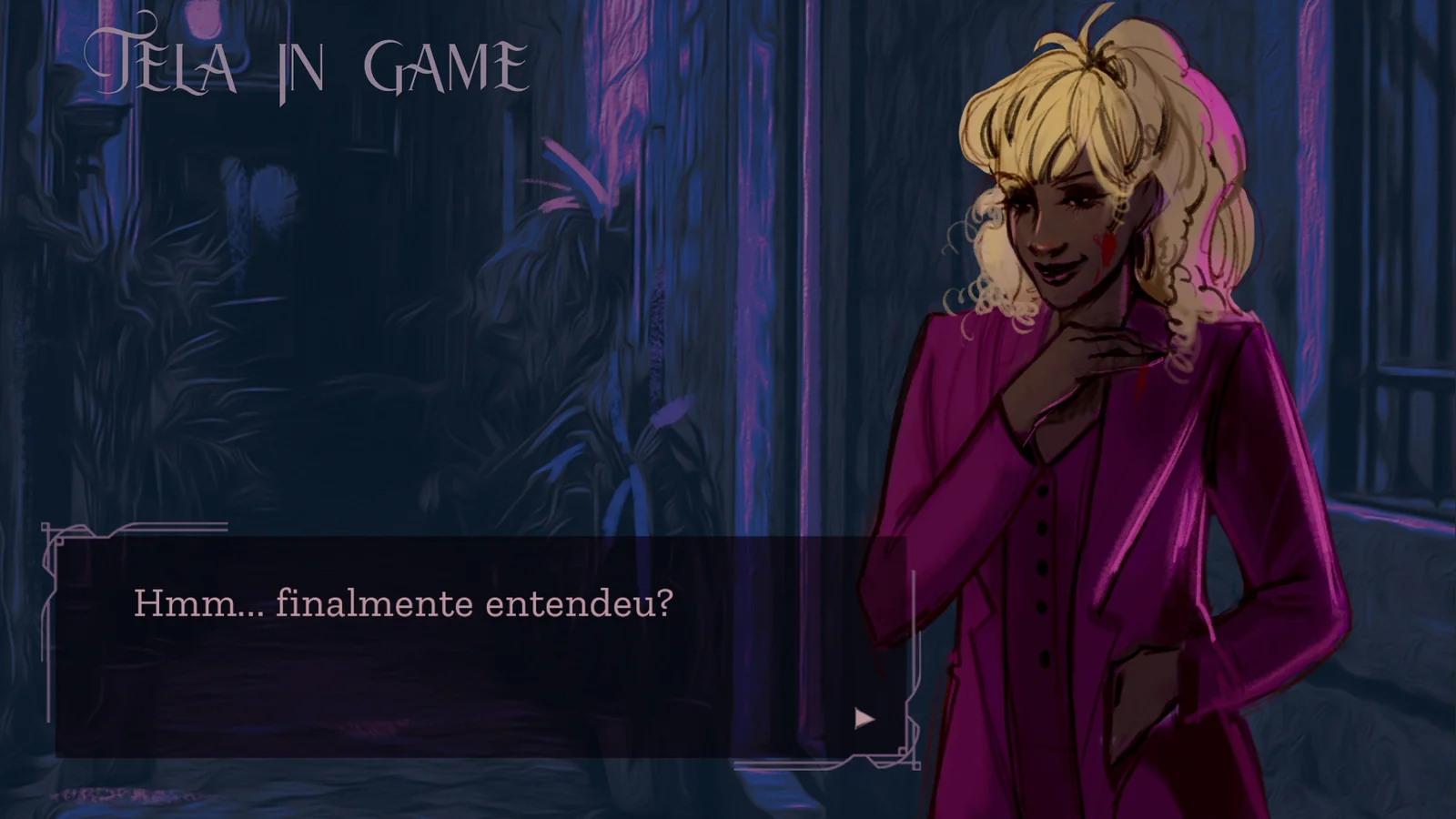 Tela do jogo: personagem de terno rosa em uma rua noturna, com a caixa de diálogo “Hmm... finalmente entendeu?”