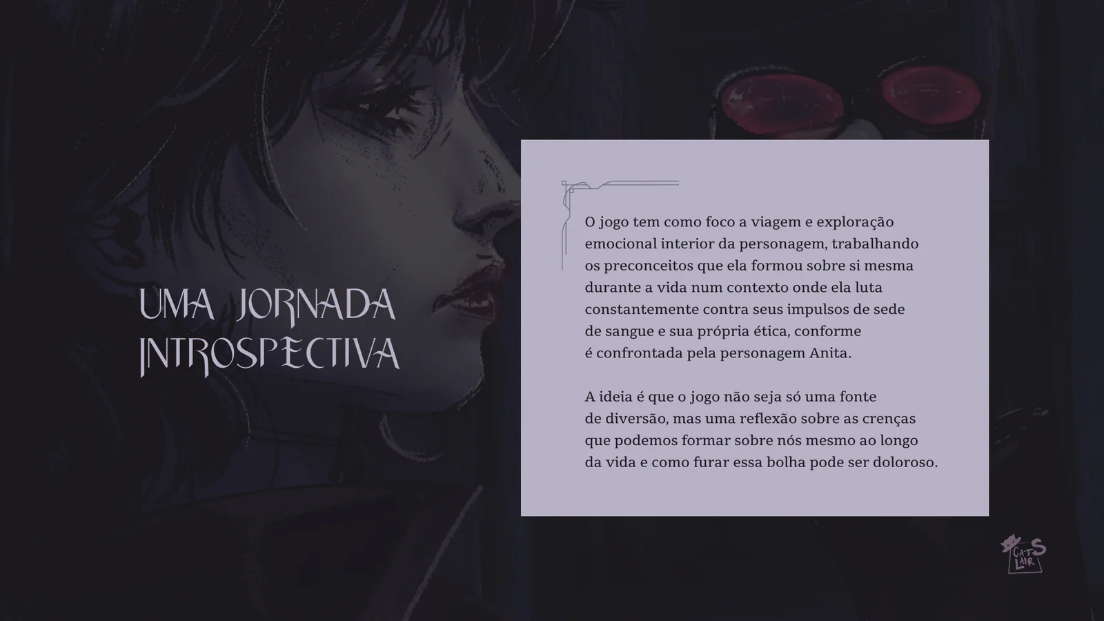 Slide “Uma jornada introspectiva”, com o rosto da personagem em tons escuros