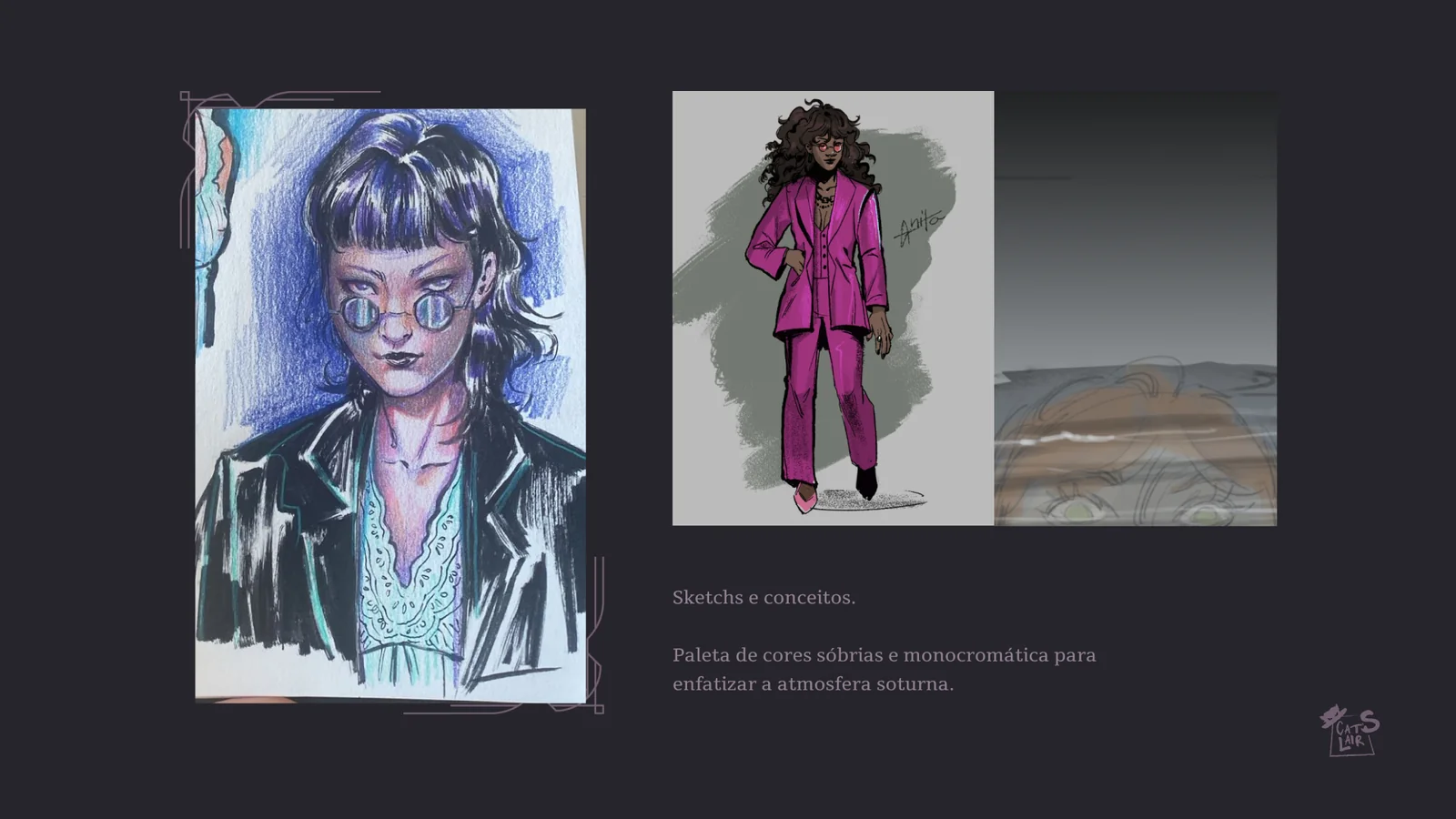 Sketches de personagens e estudos de cor