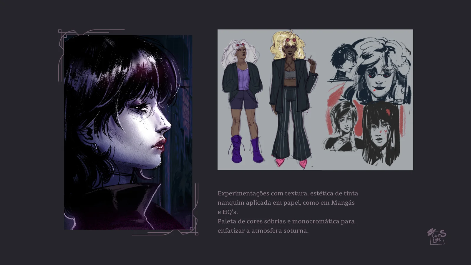 Estudos de personagem com textura de nanquim e variações de figurino