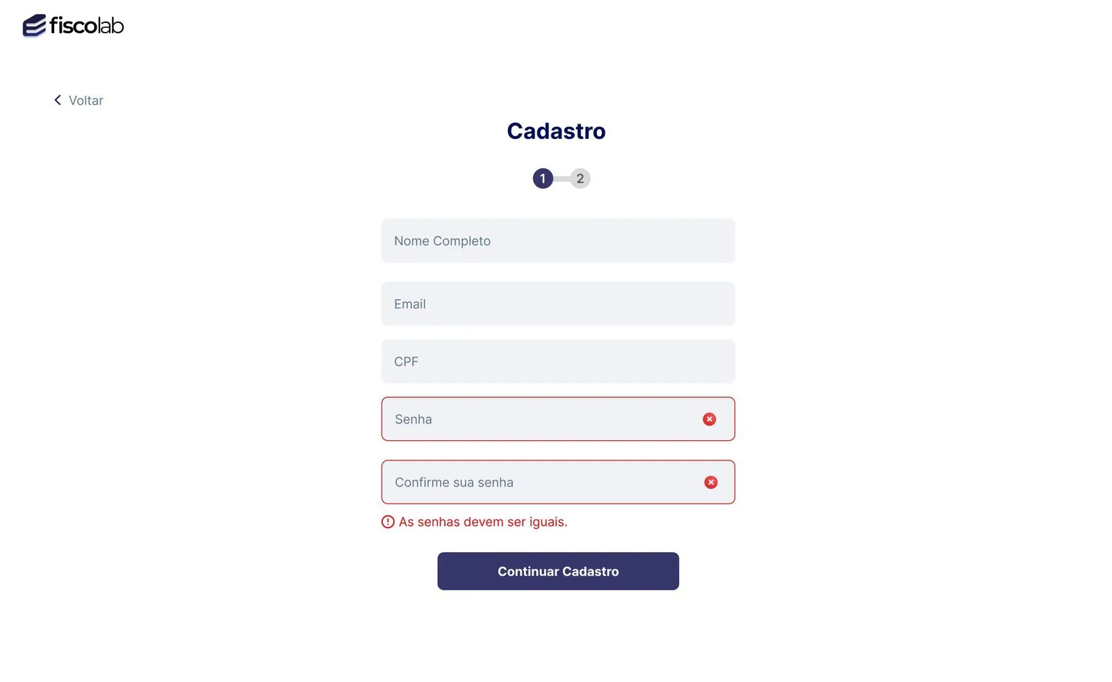 Cadastro com erro: campos de senha destacados em vermelho e a mensagem “As senhas devem ser iguais”