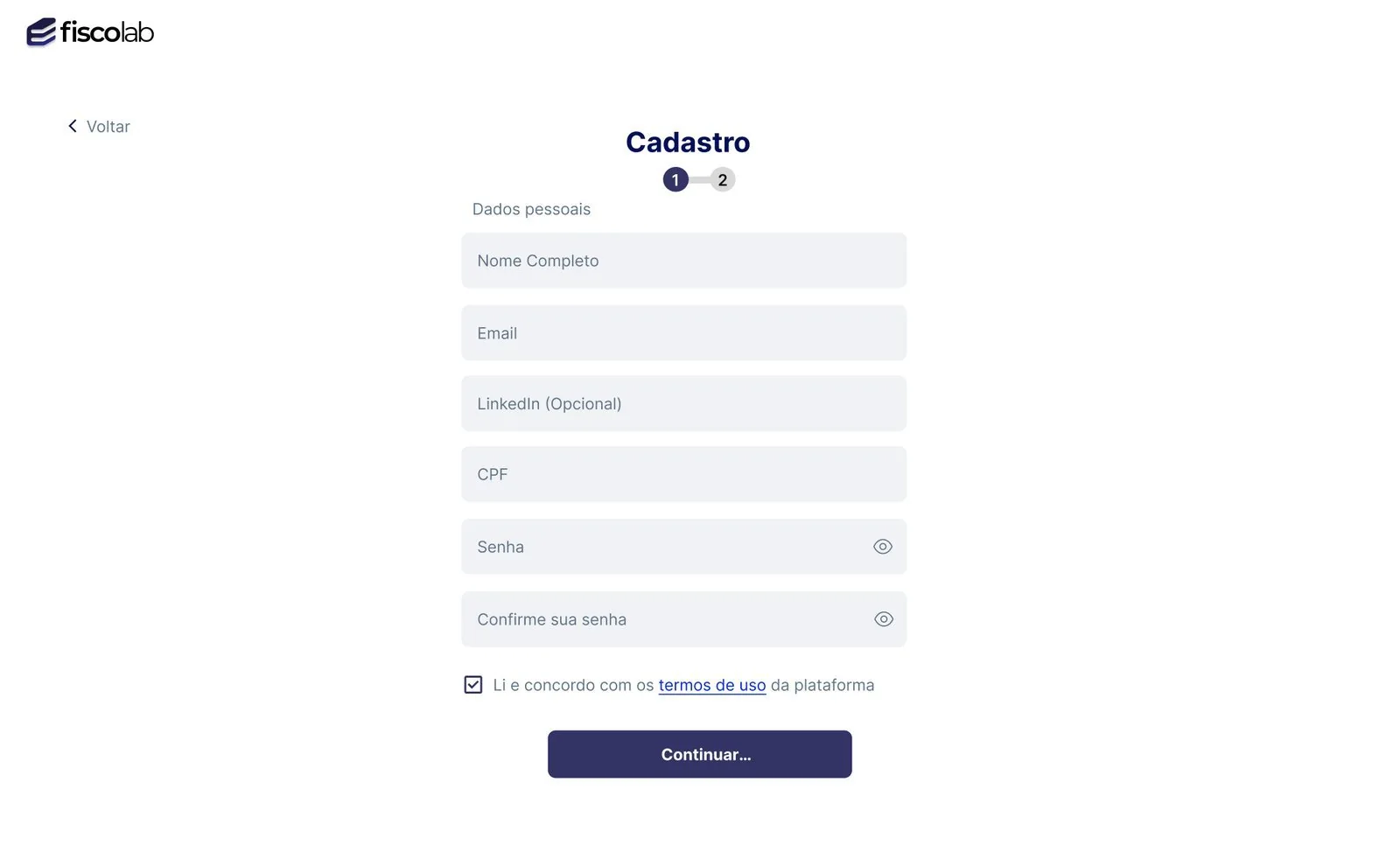 Primeira etapa do cadastro: nome completo, e-mail, CPF, senha e confirmação, com indicador de etapas 1 de 2