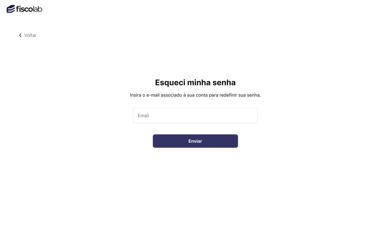 Tela Esqueceu sua senha, com campo de e-mail e botão de envio
