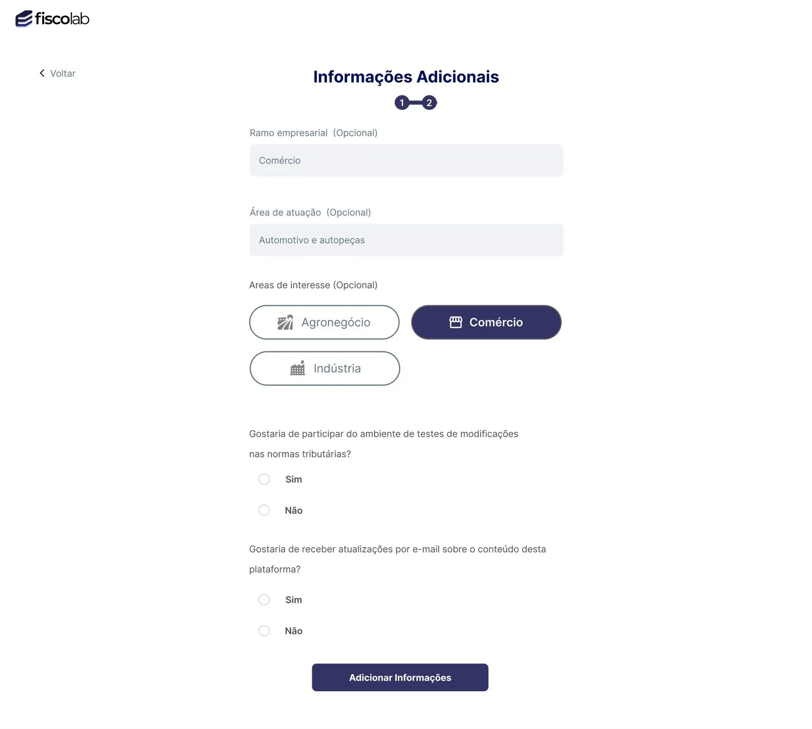 Segunda etapa: informações adicionais opcionais, com ramo, área de atuação, áreas de interesse em botões e perguntas de sim ou não
