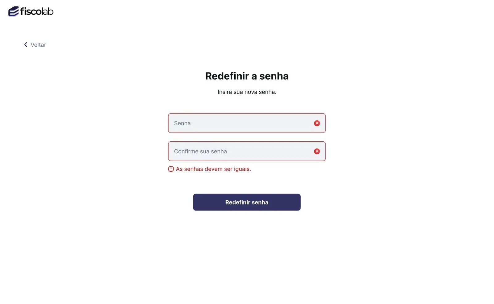 Redefinir a senha com erro: as senhas devem ser iguais