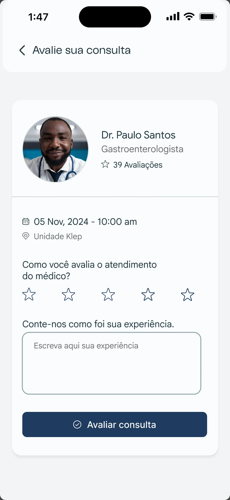 Tela do Klep: Avaliar consulta
