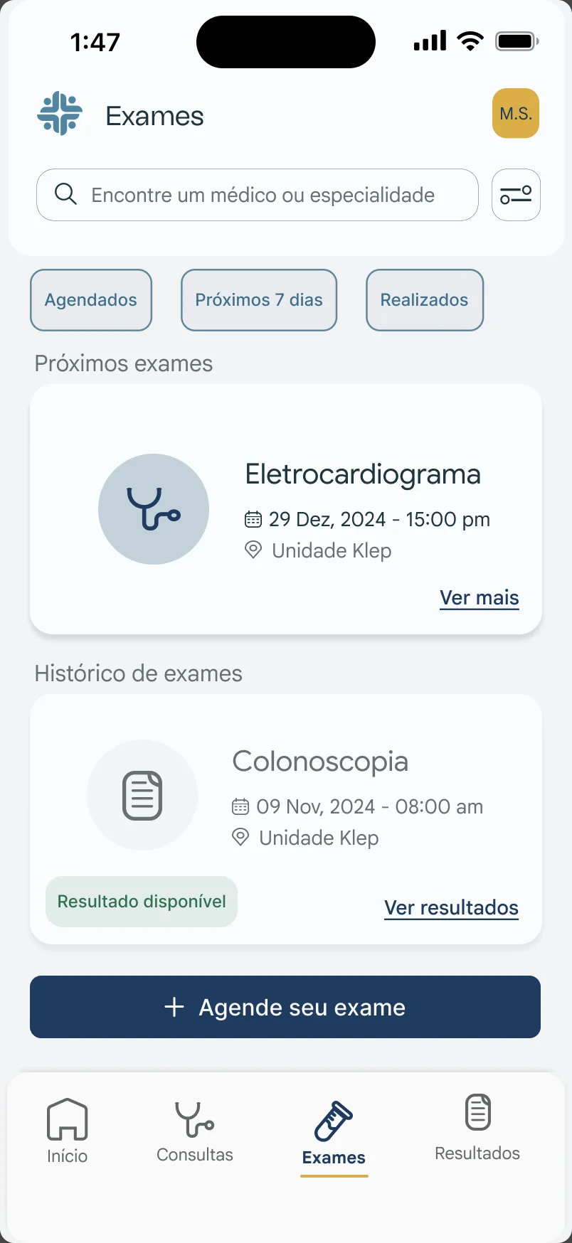 Tela de exames do Klep