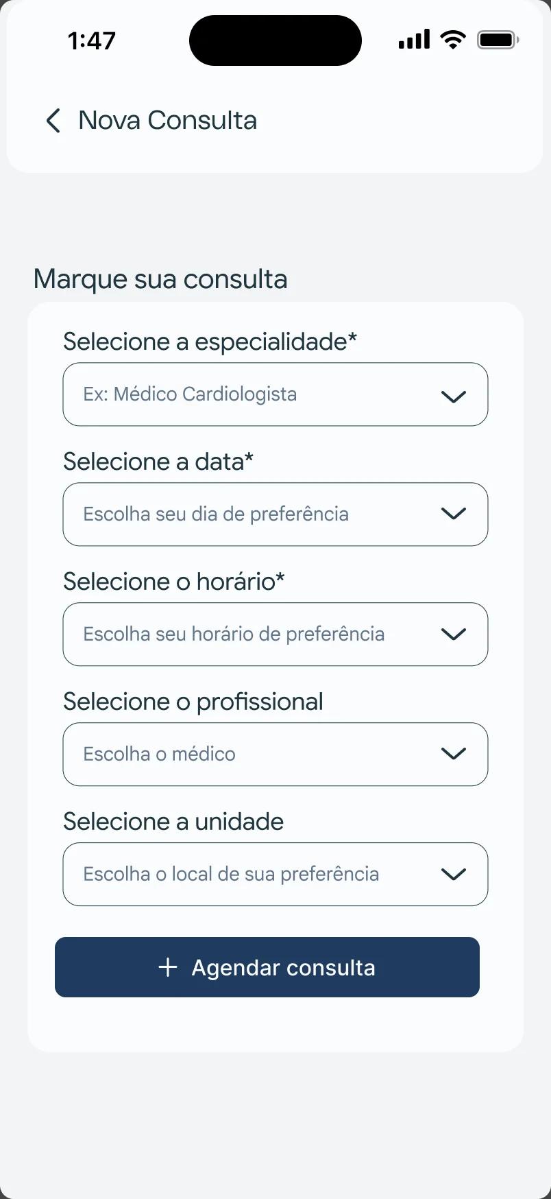 Tela de nova consulta do Klep