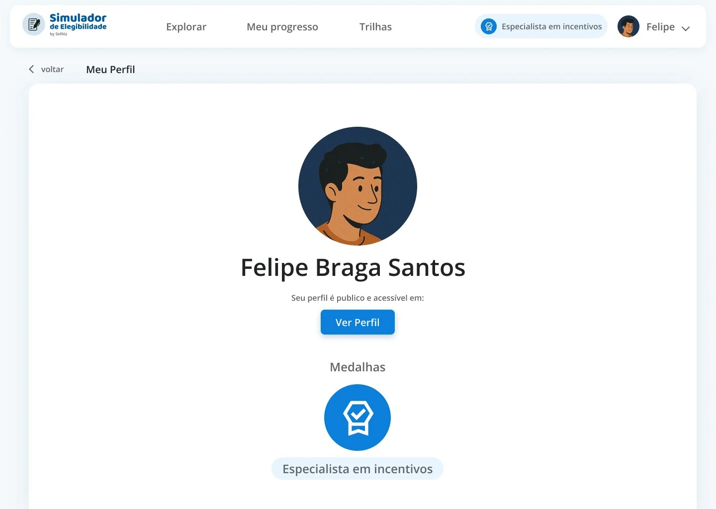 Perfil com medalha de especialista em incentivos