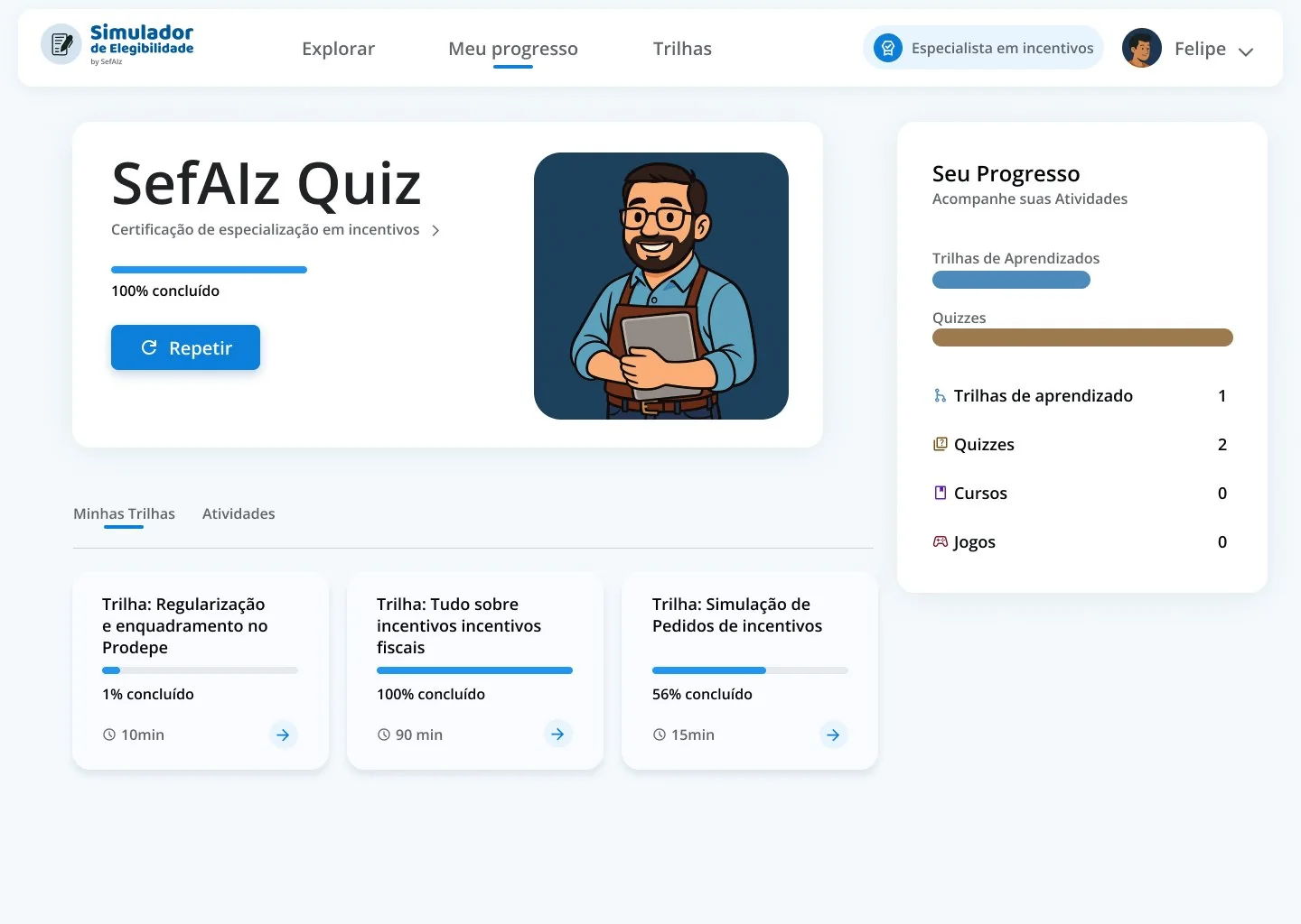 Painel do usuário com progresso em trilhas e quizzes