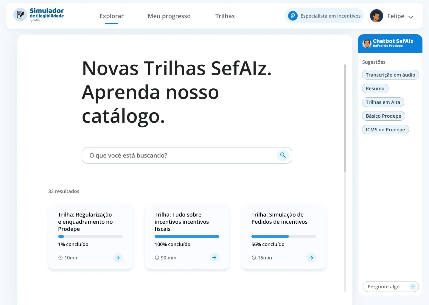 Catálogo de trilhas do SefAIz com busca e assistente com IA na lateral