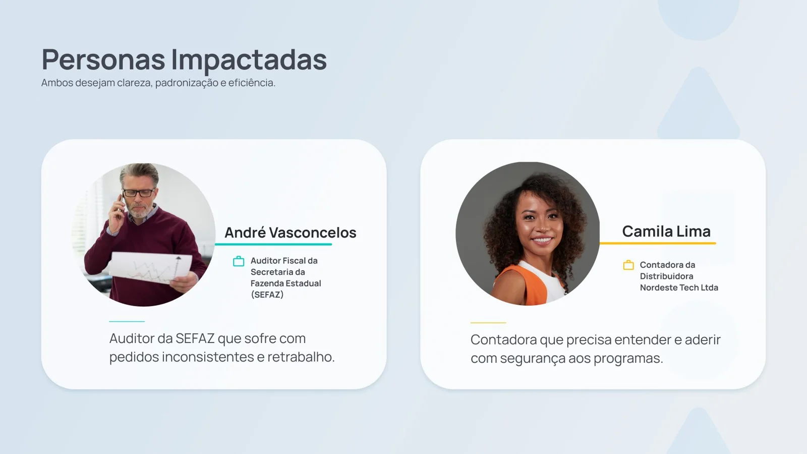 Personas: André Vasconcelos, auditor fiscal da SEFAZ, e Camila Lima, contadora