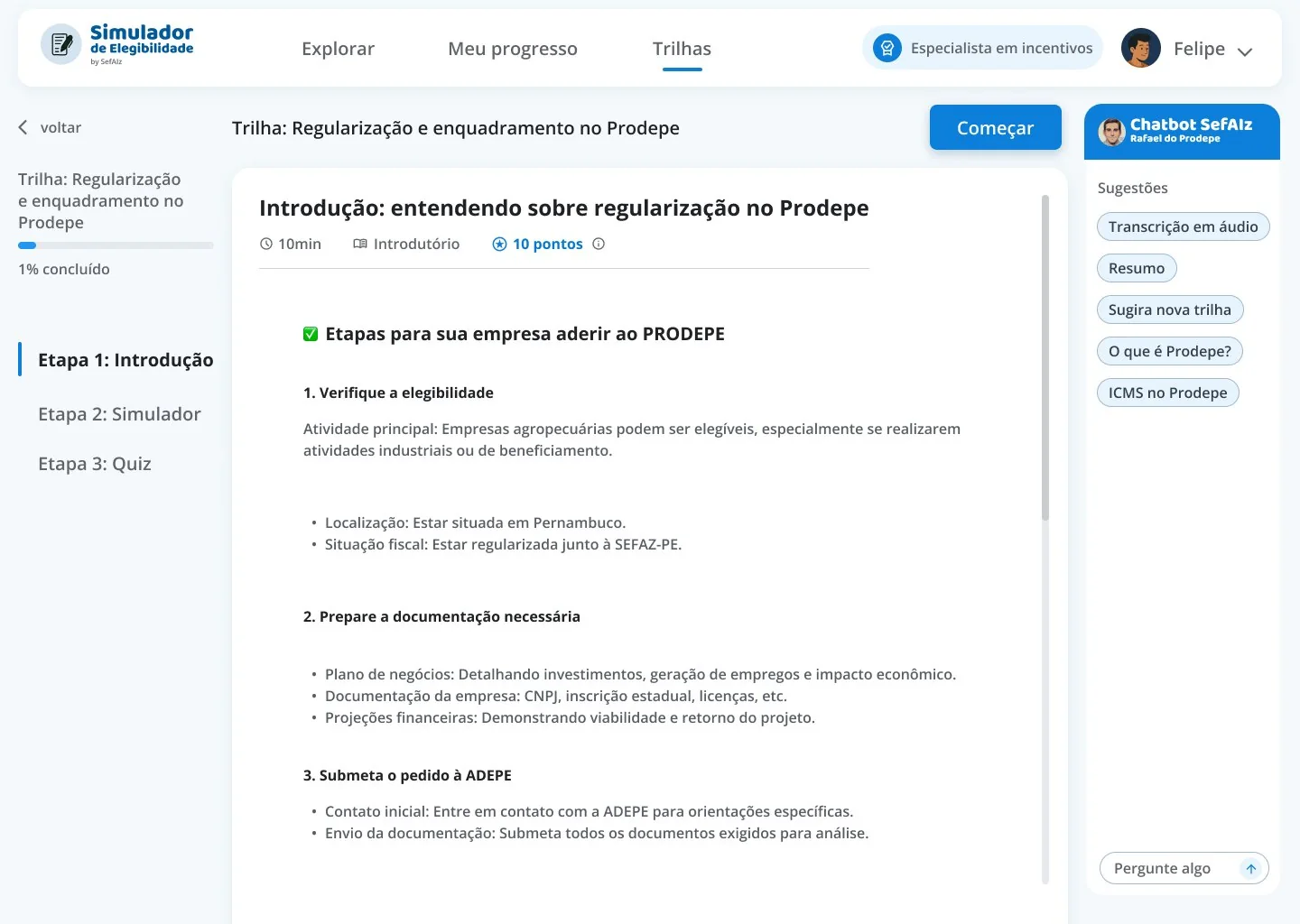 Trilha de regularização no Prodepe, com etapas laterais e chatbot com sugestões