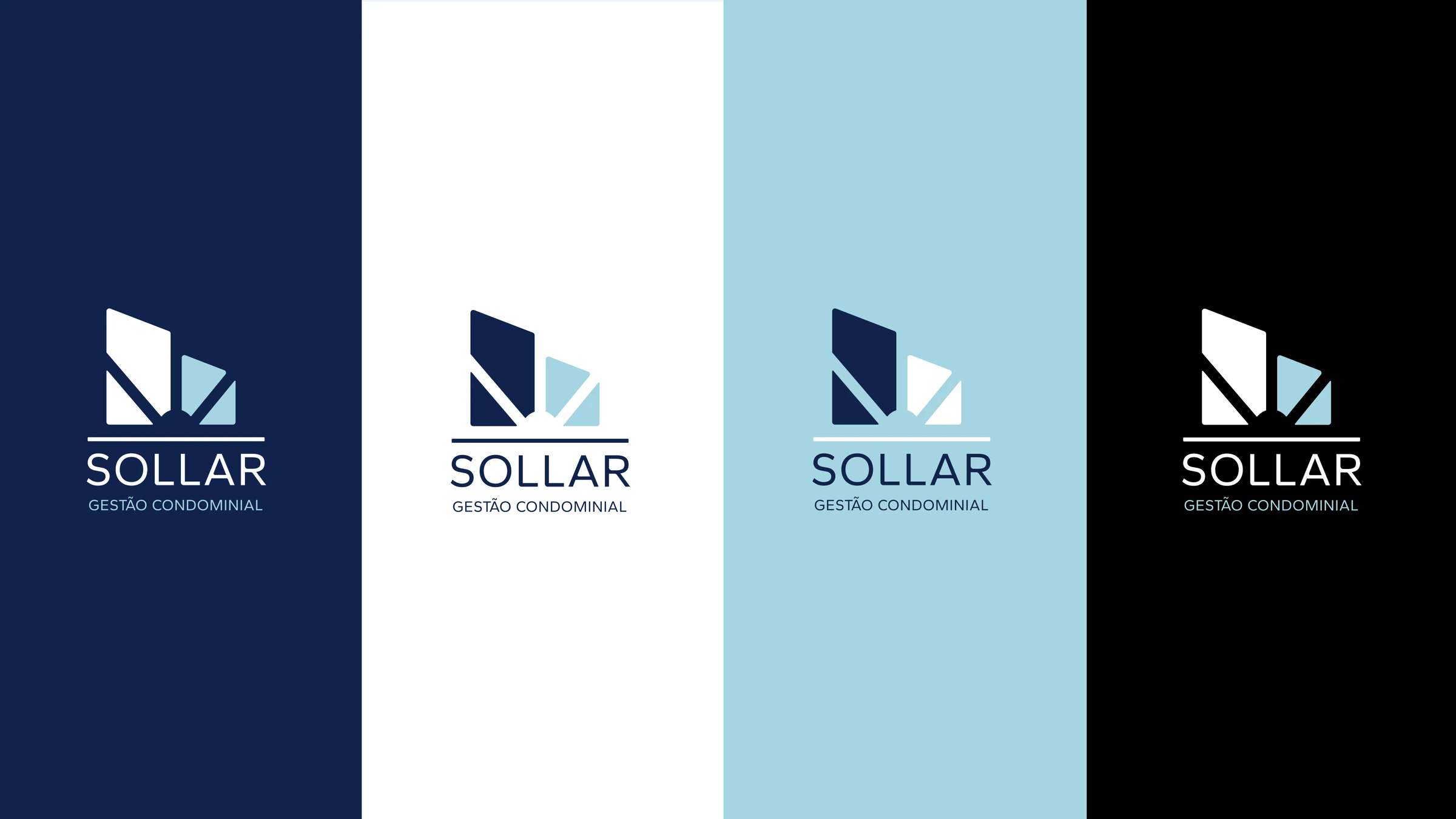 Logotipo da Sollar aplicado sobre azul-marinho, branco, azul-claro e preto