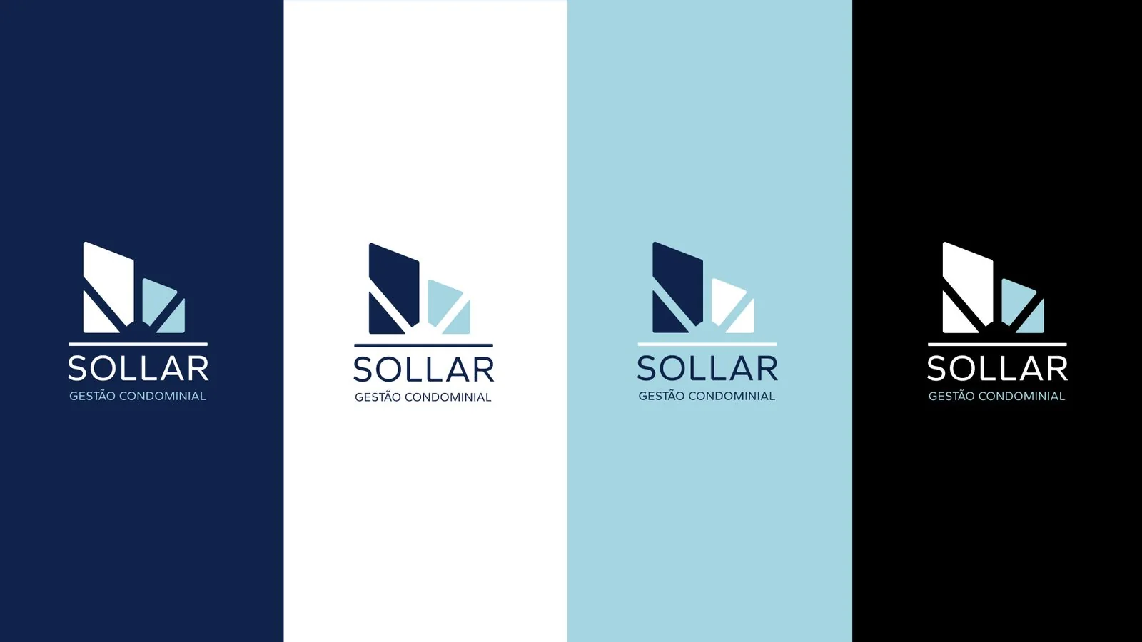Logotipo aplicado sobre azul-marinho, branco, azul-claro e preto